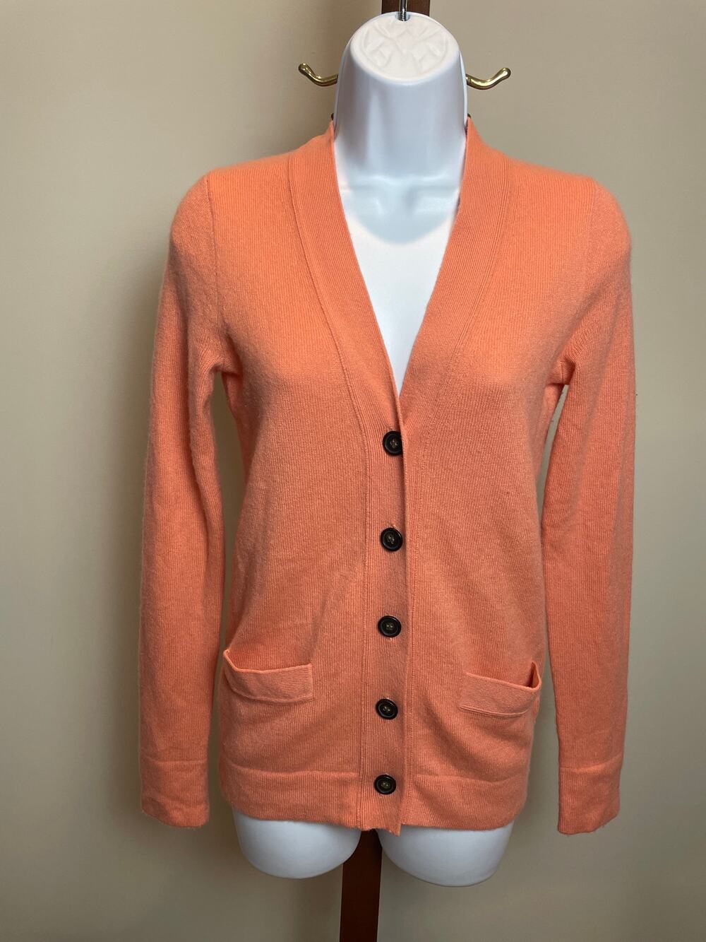 J.Crew Cashmere V Neck Cardigan Size S Coral Orange Italian Yarn